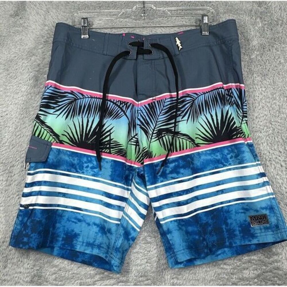 Maui Sons Board Shorts Mens size 36 Swimwear Trunks Hawaiian Print Away Stretch‎